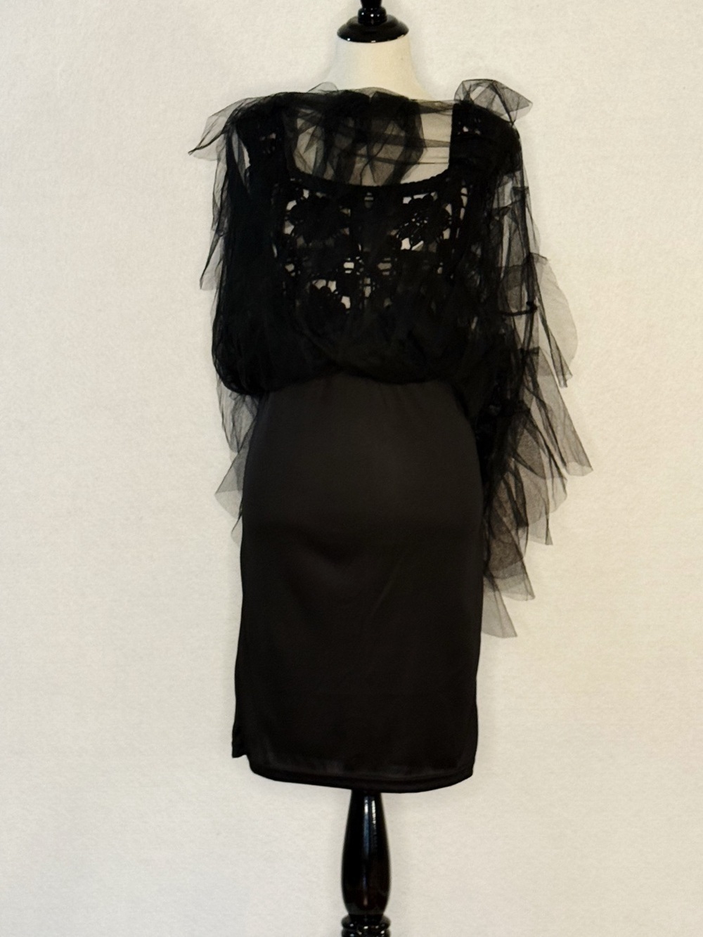 POL One Black Crochet Lace Tulle High Low Dress Boho Fairycore Romantic Gothic - Picture 9 of 12